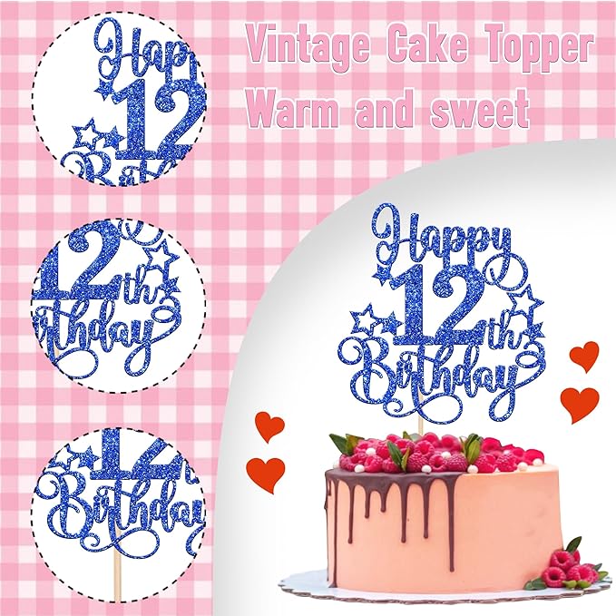 1 PCS Happy 12th Birthday Cake Topper Glitter Cheers to 12 Years Birthday Cake Pick Hello 12 Fabulous Cake Decoration for Happy 12th Birthday Anniversary Party Decorations Supplies Blue