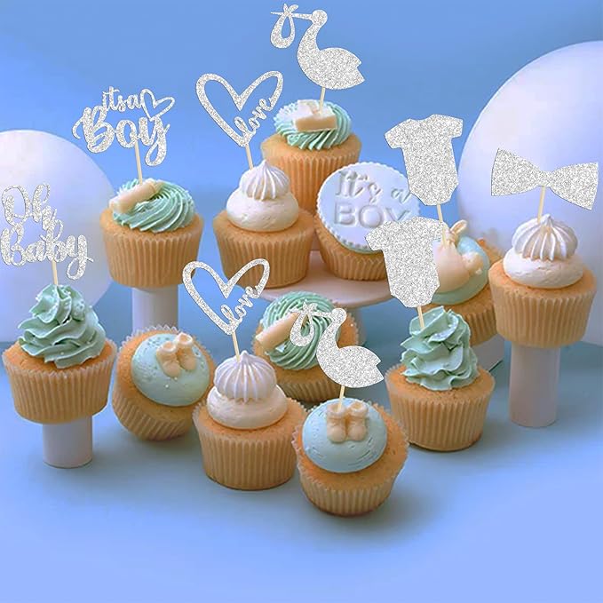 Gyufise 36 Pack Oh Baby Cupcake Toppers It's a Boy Cupcake Toppers with Tie Onesie Love Heart Deep Silver Glitter Babyshower Cake Picks Decorations for Baby Shower Boy Birthday Party Supplies