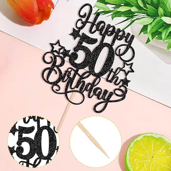 1 PCS Happy 50th Birthday Cake Topper Glitter Cheers to 50 Years Birthday Cake Pick Hello 50 Fabulous Cake Decoration for Happy 50th Birthday Anniversary Party Decorations Supplies Black