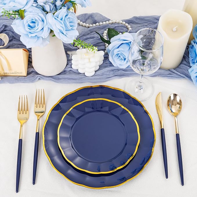 Supernal 102Pcs Dark Blue Plastic Silverware, Gold Plastic Cutlery with Dark Blue Handle, Gold Disposable Utensils Includes 34 Forks, 34 Spoons and 34 Knives for Mother's Day, Wedding, Theme Banquet