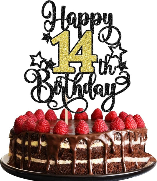 1 PCS Happy 14st Birthday Cake Topper Black Gold Glitter Cheers to 14 Years Birthday Cake Pick Hello 14 Fabulous Cake Decoration for Happy 14st Birthday Anniversary Party Decorations Supplies