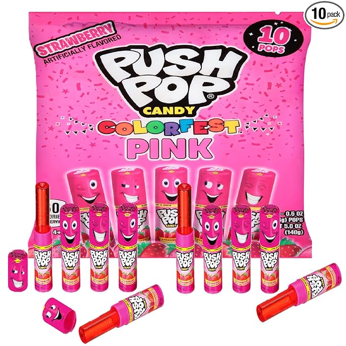 Push Pop Pink Candy Lollipops, 10 Ct Individually Wrapped Christmas Candy in Pink Strawberry Flavor, Full Size, Fun Lollipops For Stocking Stuffers, Party Favors, Birthday Parties, Goodie Bags