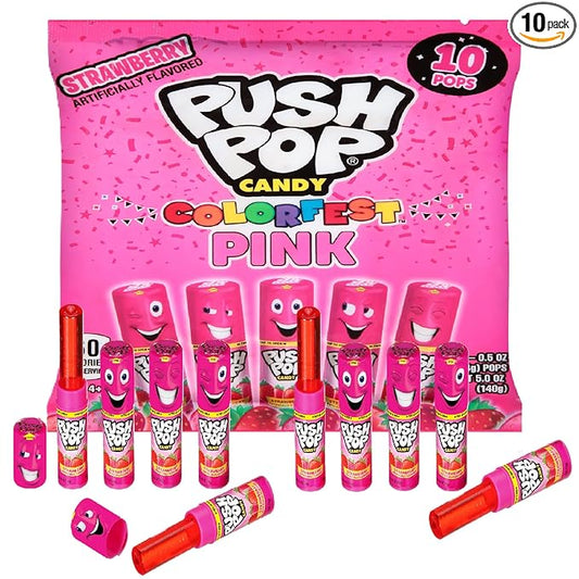 Push Pop Pink Candy Lollipops, 10 Ct Individually Wrapped Christmas Candy in Pink Strawberry Flavor, Full Size, Fun Lollipops For Stocking Stuffers, Party Favors, Birthday Parties, Goodie Bags