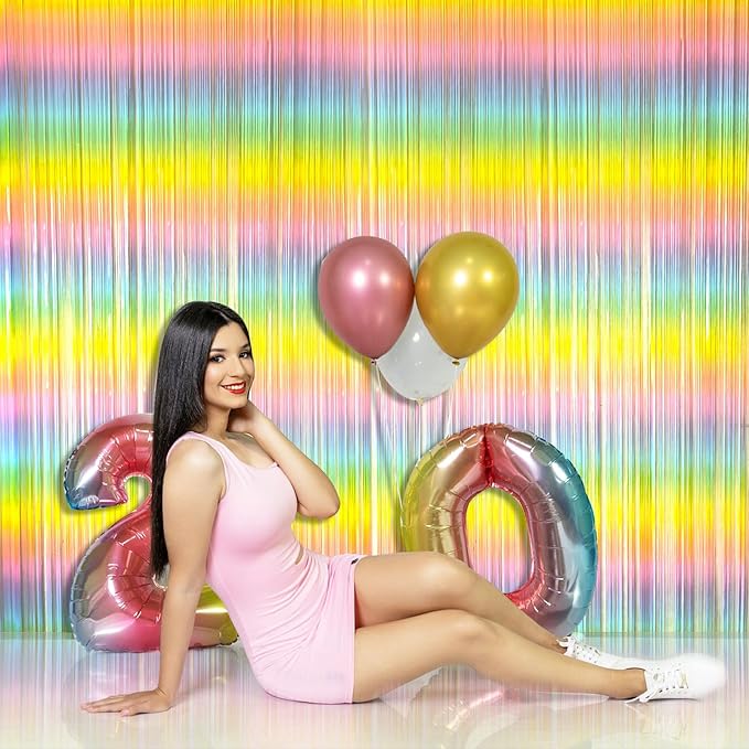 Pastel Rainbow Foil Fringe Curtain Streamers Party Backdrop Foil Fringe Backdrop Curtains Tinsel Streamers for Birthday Party Decorations