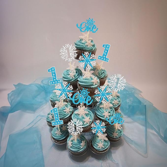 24Pcs One Snowflake Cupcake Toppers Blue Glitter Winter Snowflake 1st Birthday Cupcake Picks First Birthday Cake Decorations for Winter Wonderland Kids 1st Birthday Party Supplies