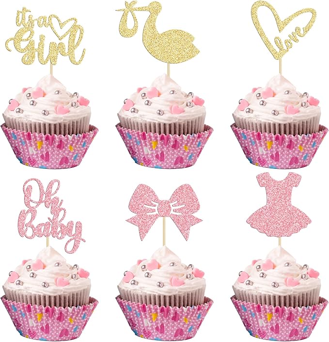 Gyufise 36 Pack Oh Baby Cupcake Toppers It's a Girl Cupcake Toppers with Bow Dress Love Heart Glitter Cake Picks Decorations for Baby Shower Girl Birthday Party Supplies