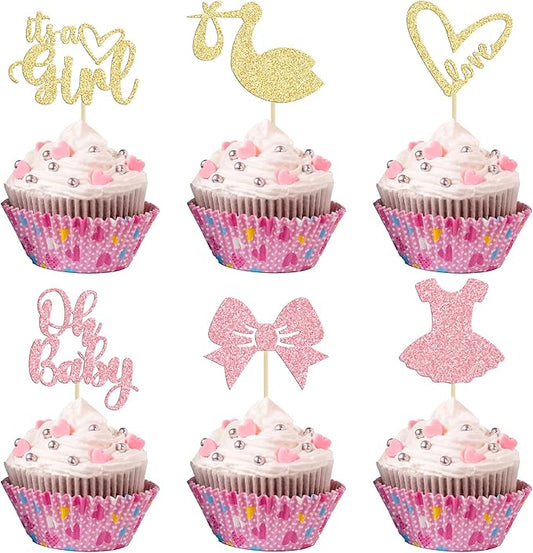 Gyufise 36 Pack Oh Baby Cupcake Toppers It's a Girl Cupcake Toppers with Bow Dress Love Heart Glitter Cake Picks Decorations for Baby Shower Girl Birthday Party Supplies