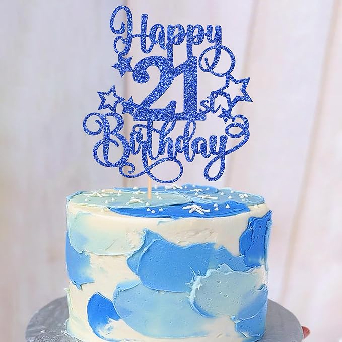 1 PCS Happy 21st Birthday Cake Topper Glitter Cheers to 21 Years Birthday Cake Pick Hello 21 Fabulous Cake Decoration for Happy 21st Birthday Anniversary Party Decorations Supplies Blue