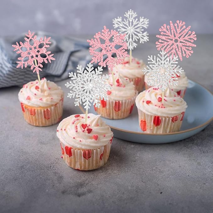 36Pcs Snowflake Cupcake Toppers Glitter Winter Theme Snowflake Cupcake Picks Merry Christmas Happy New Year Christmas Cake Decor Birthday Party Cake Decorations Supplies Pink Silver
