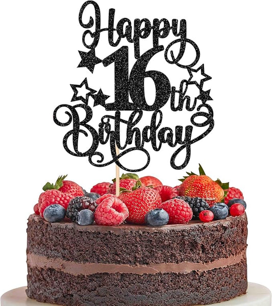 1 PCS Happy 16th Birthday Cake Topper Glitter Cheers to 16 Years Birthday Cake Pick Hello 16 Fabulous Cake Decoration for Happy 16th Birthday Anniversary Party Decorations Supplies Black