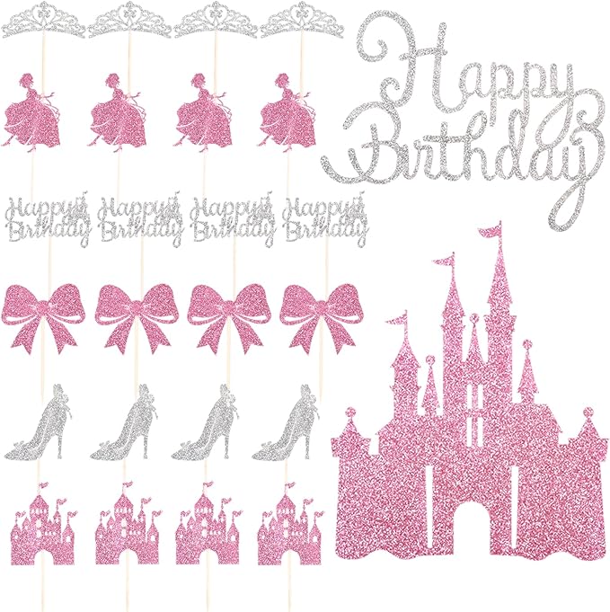 26Pcs Castle Princess Cake Topper Silver Pink Glitter Princess Cupcake Toppers High Heel Bow Crown Princess Cake Decorations for Princess Birthday Party Supplies Baby Bridal Shower