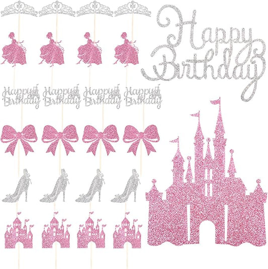26Pcs Castle Princess Cake Topper Silver Pink Glitter Princess Cupcake Toppers High Heel Bow Crown Princess Cake Decorations for Princess Birthday Party Supplies Baby Bridal Shower