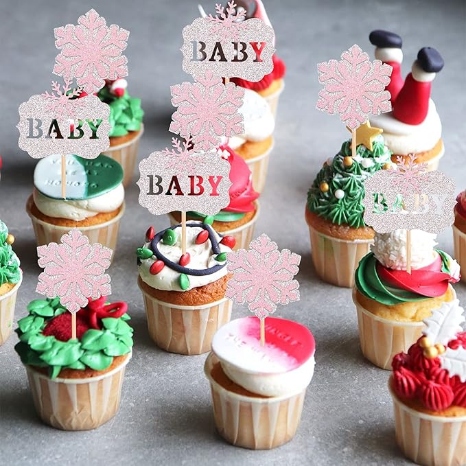 ZHUOWEISM 24 PCS Snowflake Baby Cupcake Toppers Glitter Winter Shower Picks Decorations for Theme Boy Kids Birthday Christmas Party Supplies Pink, Pattern 4 Silver+pink