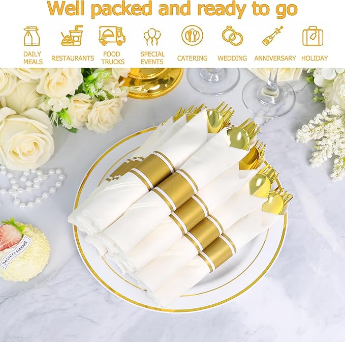 100 Pack Pre Rolled Gold Plastic Silverware Set,Wrapped Plastic Cutlery Set with Napkin Include 100 Forks,100 Spoons,100 Knives and 100 White Napkins for Party, Wedding,showers, Christmas