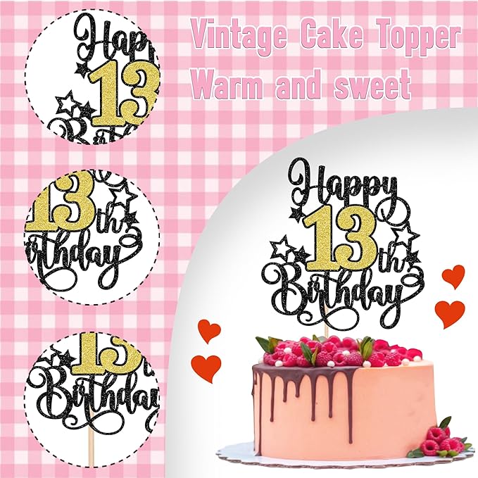 1 PCS Happy 13th Birthday Cake Topper Black Gold Glitter Cheers to 13 Years Birthday Cake Pick Hello 13 Fabulous Cake Decoration for Happy 13th Birthday Anniversary Party Decorations Supplies