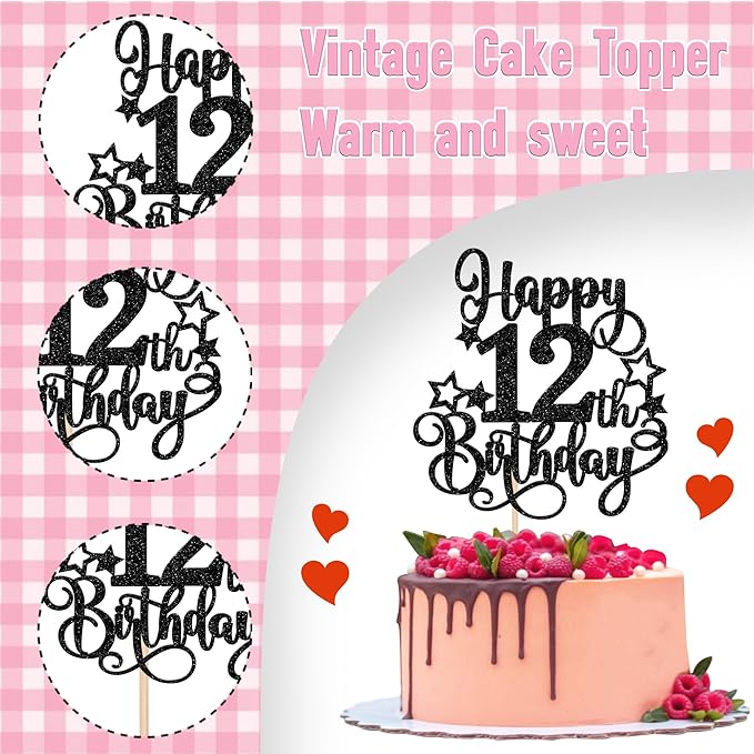 1 PCS Happy 12th Birthday Cake Topper Glitter Cheers to 12 Years Birthday Cake Pick Hello 12 Fabulous Cake Decoration for Happy 12th Birthday Anniversary Party Decorations Supplies Black