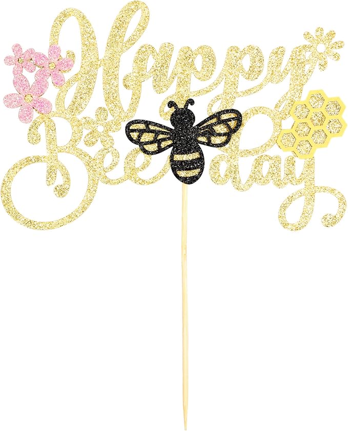1 Pack Happy Bee Day Cake Topper Black Glitter Bumble Bee Theme Cake Pick Decorations for Baby Shower Kids Birthday Party Supplies