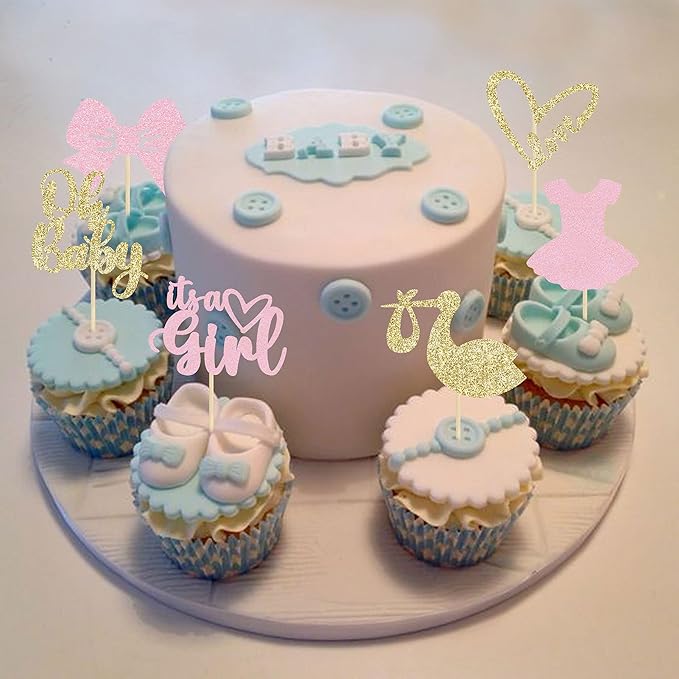 Gyufise 36 Pack Oh Baby Cupcake Toppers It's a Girl Cupcake Toppers with Bow Dress Love Heart Glitter Cake Picks Decorations for Baby Shower Girl Birthday Party Supplies