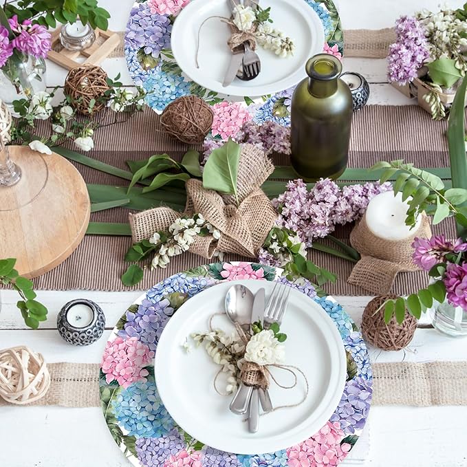 Paper Placemats Disposable 50 Pack Hydrangea Placemats 13.7 Inch Hydrangea Floral Place Mats Round Table Mats Spring Summer Table Mats for Birthday Wedding Party Supplies