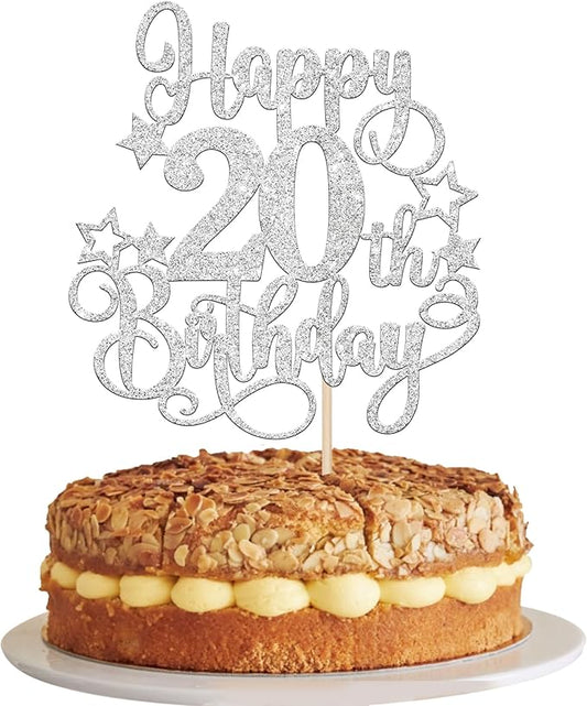 1 PCS Happy 20th Birthday Cake Topper Glitter Cheers to 20 Years Birthday Cake Pick Hello 20 Fabulous Cake Decoration for Happy 20th Birthday Anniversary Party Decorations Supplies silver