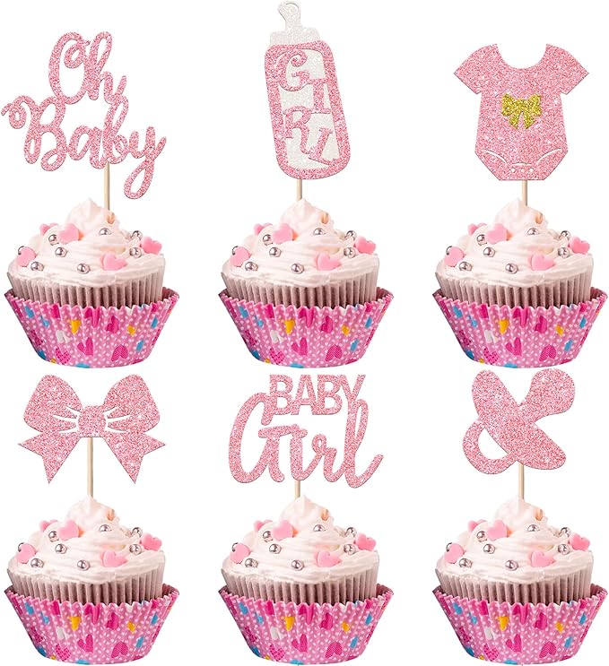 24 Pack It's a Girl Cupcake Toppers Glitter Pacifier Onesie Jumpsuit Bow Gender Reveal Cupcake Picks Welcome Baby Shower Cake Decorations for Baby Girl Birthday Theme Party Supplies Pink
