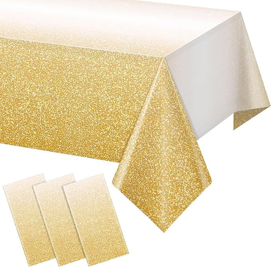 FunnyPars 3 Pack Ombre Gold Plastic Tablecloth for Parties, Gradient Yellow Gold Disposable Tablecloths for Rectangle Tables, Light Gold Table Cover for Wedding Birthday Anniversary Party, 54x108Inch