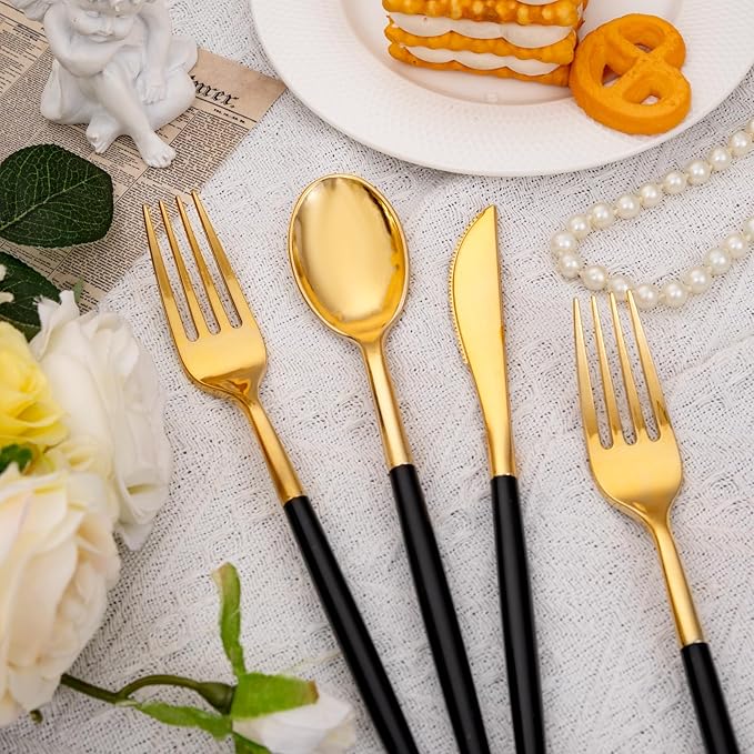 SUT Gold Plastic Silverware (160Pcs) Forks and Spoons Disposable, 80 Gold Plastic Forks, 40 Gold Knives, 40 Gold Spoons, Black and Gold Utensils Set Disposable for Parties, Weddings,New Year