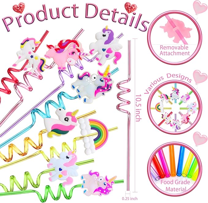 LEDUO 24Pcs Reusable Unicorn Drinking Plastic Straws-Party Supplies-Party Favors Decorations-Rainbow Unicorn Theme Birthday Party Drinking Straw for Kids Girls Boys with 2 Cleaning Brushes