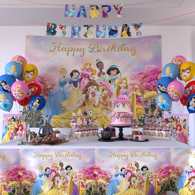 Nelton Party Supplies For Princess Includes Cake Topper, 24 Cupcake Toppers, 20 Latex Balloons, Happy Birthday Backdrop, 1 Table Cloth , 1 Banner