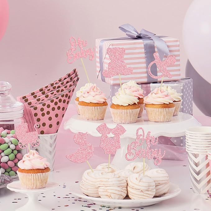 Gyufise 36Pcs Oh Baby Cupcake Toppers Glitter Pacifier Bear Cupcake Picks Cake Decorations for Gender Reveal Baby Shower Kids Boys Girls Birthday Party Supplies Pink