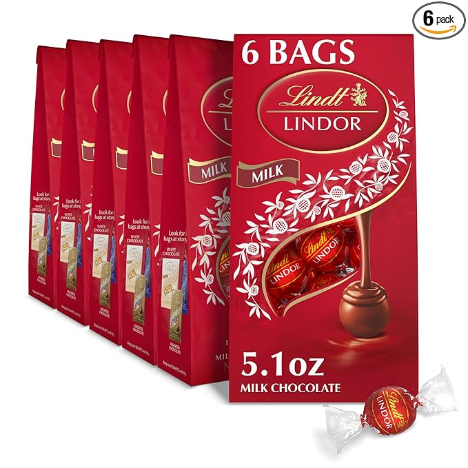 Lindt LINDOR Milk Chocolate Truffles, Milk Chocolate Candy with Smooth, Melting Truffle Center, Great for Gift Giving, 5.1 oz. Bag (6 Pack)