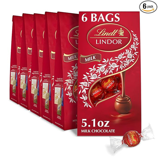 Lindt LINDOR Milk Chocolate Truffles, Milk Chocolate Candy with Smooth, Melting Truffle Center, Great for Gift Giving, 5.1 oz. Bag (6 Pack)