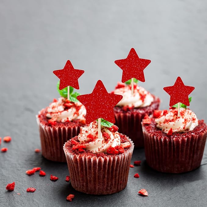 30 PCS Star Cupcake Toppers Glitter Mixed Size Twinkle Little Star Cupcake Picks Decorations for Wedding Anniversary Baby Shower Birthday Party Supplies Red