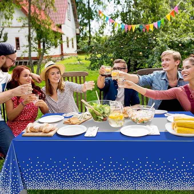 12Pcs Blue Silver Tablecloth Party Decorations,Plastic Royal Blue Table Cloth Printed Silver Table Runner Disposable Rectangle Tables Cover for Anniversary Wedding Graduation 2024 Party,54 x108 Inch