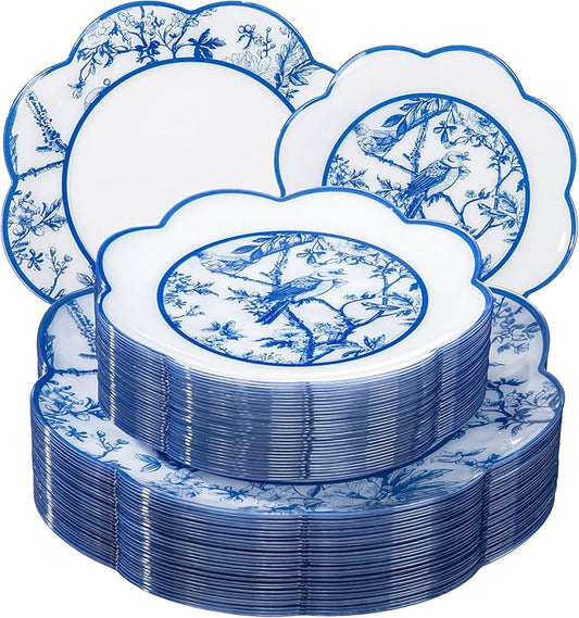 LIYH 60 Pcs Blue Plastic Plates Set - Heavy Duty Floral and White Plastic Plates for Party Wedding Elegant Plate Bridal Shower Floral Dinnerware Set - 10.25" Dinner & 7.5" Dessert Plate