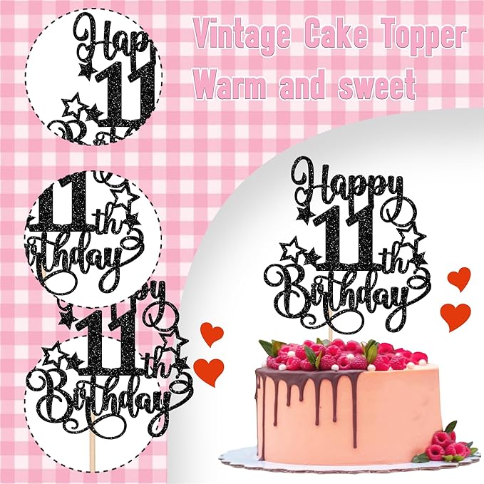 1 PCS Happy 11th Birthday Cake Topper Glitter Cheers to 11 Years Birthday Cake Pick Hello 11 Fabulous Cake Decoration for Happy 11th Birthday Anniversary Party Decorations Supplies Black
