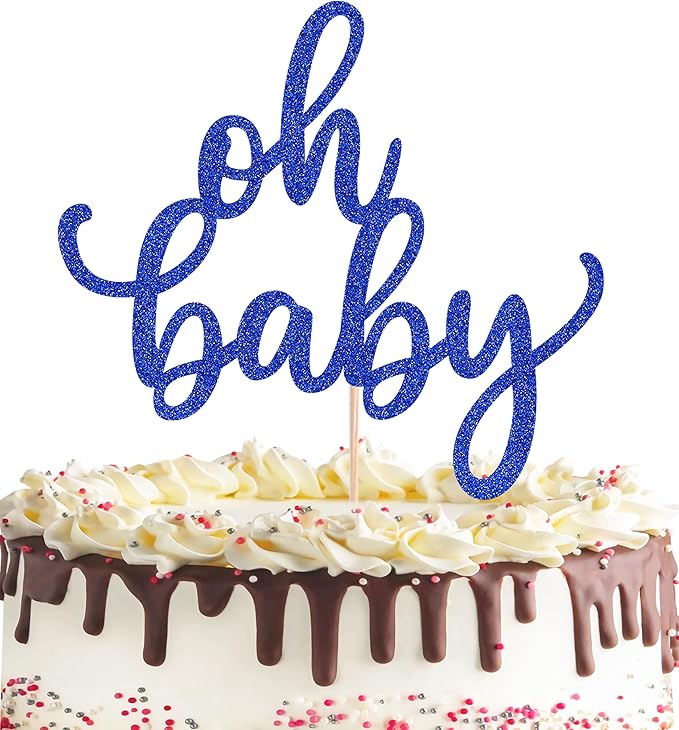Oh Baby Cake Topper - Glitter Roval Blue Baby Shower Cake Decoration Supplies, for Baby Shower/Gender Reveal Party/Baby Birthday Party Photo Booth Props