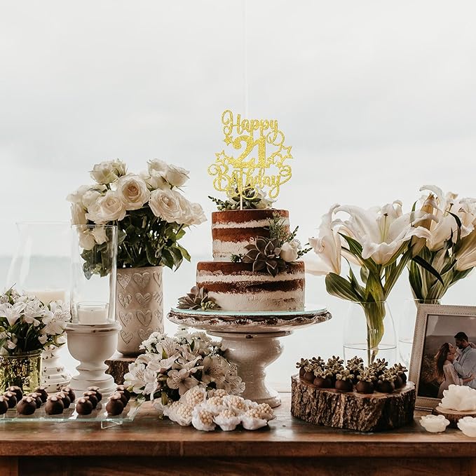 1 PCS Happy 21st Birthday Cake Topper Glitter Cheers to 21 Years Birthday Cake Pick Hello 21 Fabulous Cake Decoration for Happy 21st Birthday Anniversary Party Decorations Supplies Gold