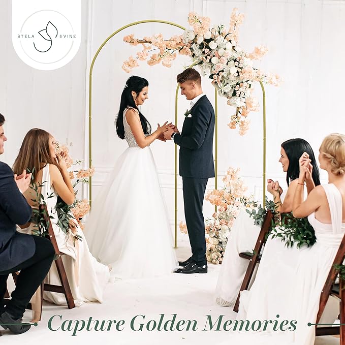 STELA & VINE 2 Pack Metal Arch Backdrop Stand Set (7.2FT & 6FT) – Gold Anti-Rust Arched Frame Kit with Water Bags, Carry Bags & Balloon Dot Glue for Weddings, Parties, Baby Showers & Photo Deco