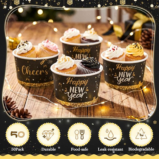 50 Pack 9 oz Happy New Year Soup Bowls Disposable Paper Cups Winter Themed Disposable Dessert Bowls Cocktail Berry Paper Snack Cups for Hot and Cold Food Happy New Year's Eve Party Supplies