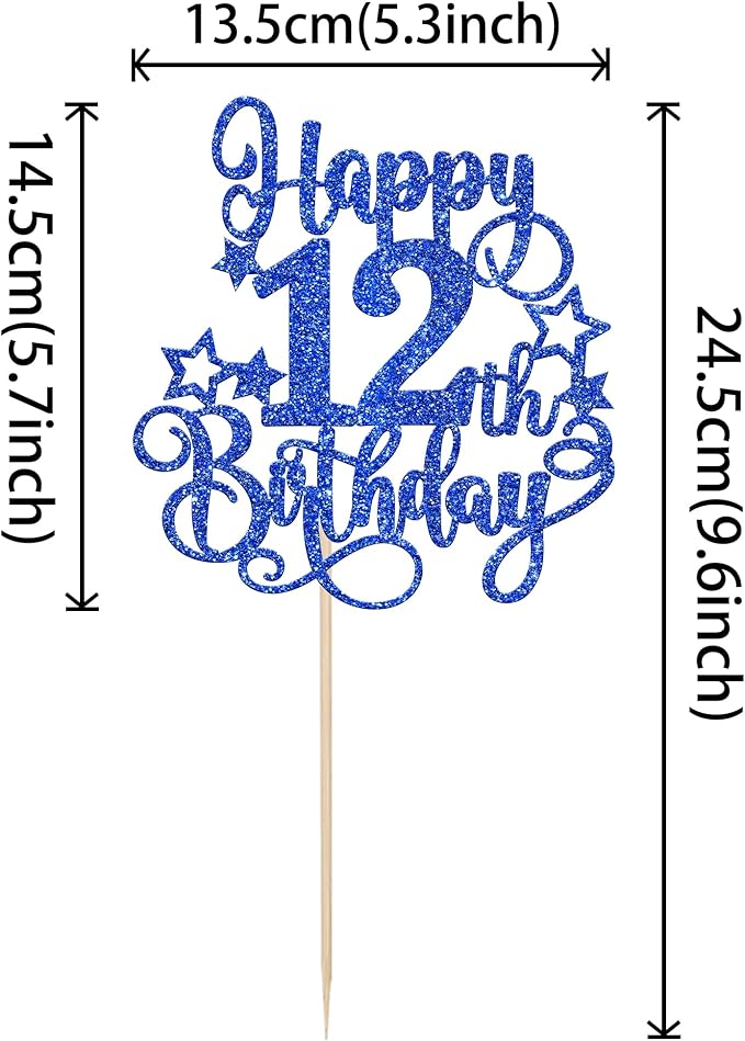 1 PCS Happy 12th Birthday Cake Topper Glitter Cheers to 12 Years Birthday Cake Pick Hello 12 Fabulous Cake Decoration for Happy 12th Birthday Anniversary Party Decorations Supplies Blue