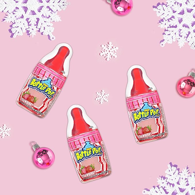 Baby Bottle Pop Candy Pink Lollipops, 10 Ct Bulk Lollipops with Dipping Powder in Pink Strawberry Flavor, Full Size, Individually Wrapped Christmas Candy for Party Favors, Gender Reveal, Baby Showers