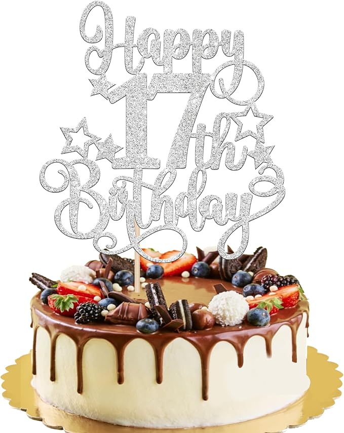 1 PCS Happy 17th Birthday Cake Topper Glitter Cheers to 17 Years Birthday Cake Pick Hello 17 Fabulous Cake Decoration for Happy 17th Birthday Anniversary Party Decorations Supplies silver