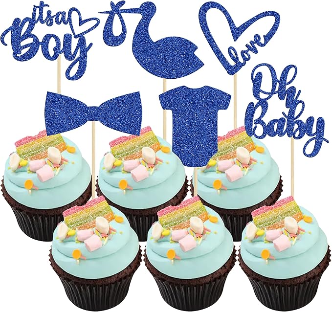 Gyufise 36 Pack Oh Baby Cupcake Toppers It's a Boy Cupcake Toppers with Tie Onesie Love Heart Deep Blue Glitter Babyshower Cake Picks Decorations for Baby Shower Boy Birthday Party Supplies
