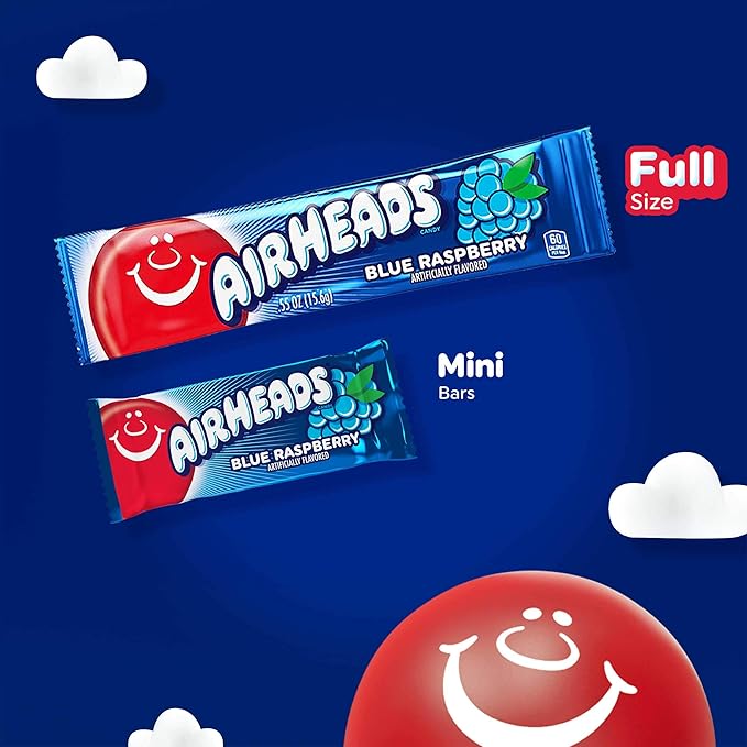 Airheads Full-Size Candy Bars, Taffy Candy Bulk Pack, Individually Wrapped, Blue Raspberry Fruit Flavor Artificially Flavored, 36 Count Box