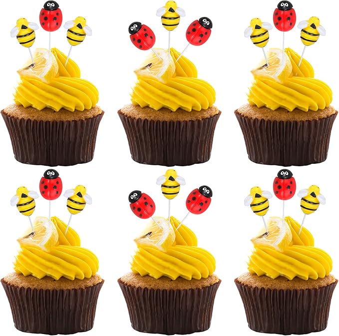 24Pcs Bumble Bee Cupcake Toppers Resin Ladybug Little Figurine Bee Cupcake Picks Oh Babee Cake Decorations for Bee Theme Baby Shower Kids Boys Girls Birthday Party Decoration Supplies