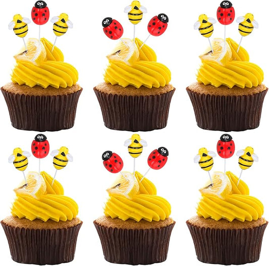 24Pcs Bumble Bee Cupcake Toppers Resin Ladybug Little Figurine Bee Cupcake Picks Oh Babee Cake Decorations for Bee Theme Baby Shower Kids Boys Girls Birthday Party Decoration Supplies