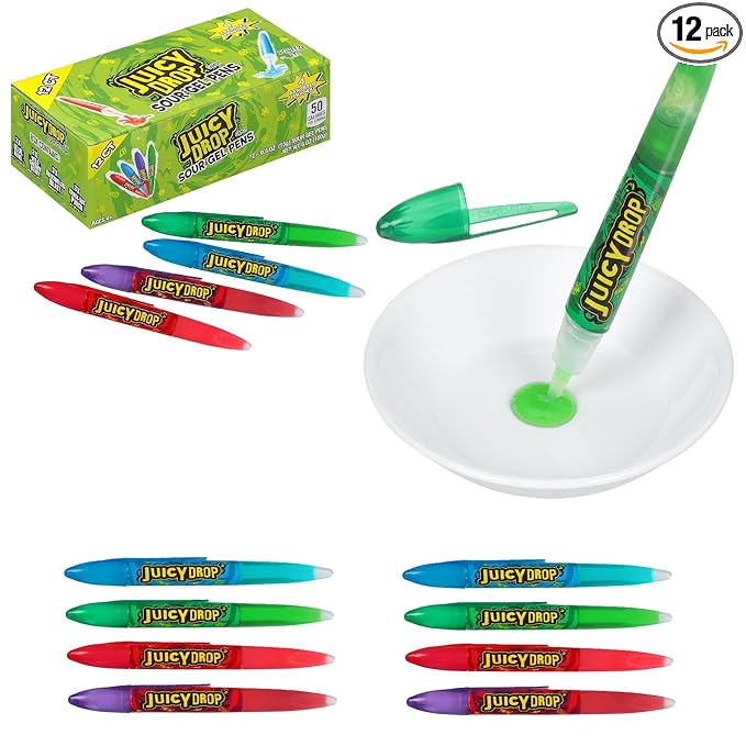 Juicy Drop Sour Candy Gel Pens – 12 Ct Full Size Candy Variety Pack, Assorted Fruity Flavors, Fun Sour Candy Party Favors & Goodie Bag Gifts for Kids, Great Stocking Stuffers & Holiday Treats