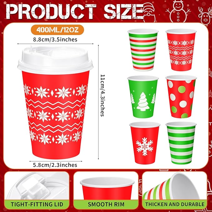 Yungyan 120 Sets Christmas Disposable Coffee Cups with Lids 12 oz Snowflake Paper Cups Xmas Hot Cocoa To-go Coffee Mug for Hot Cold Drinks Chocolate Tea Beverage Christmas Party Supplies