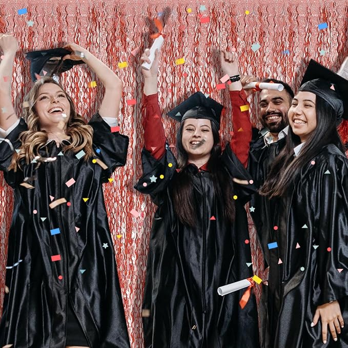 Rose Gold Tinsel Foil Fringe Curtains Wavy Backdrop for Parties Sparkle Metallic Wavy Foil Fringe Backdrop Curtain Photo Booth Props Birthday Graduation Wedding Bachelorette Party Decorations